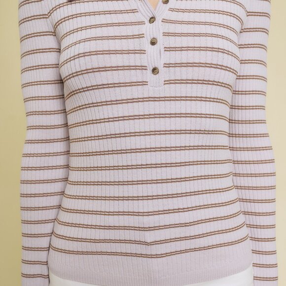 MYSTREE  Lavender Striped Ribbed Knit Collared Top, Button Front Long Sleeve - Picture 5 of 5